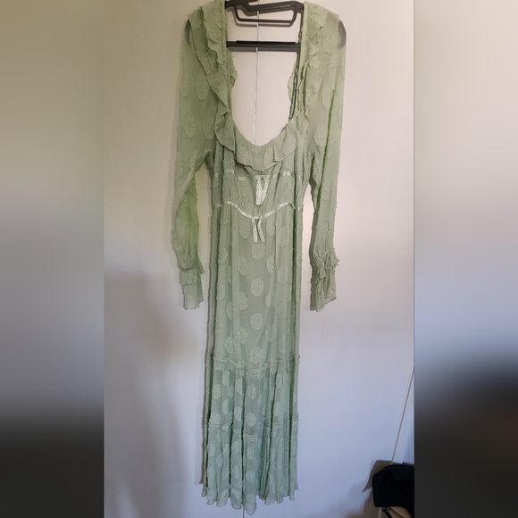 Free People Dresses & Skirts - Free People Green Gown with Bishop Sleeves and Scoop Neck